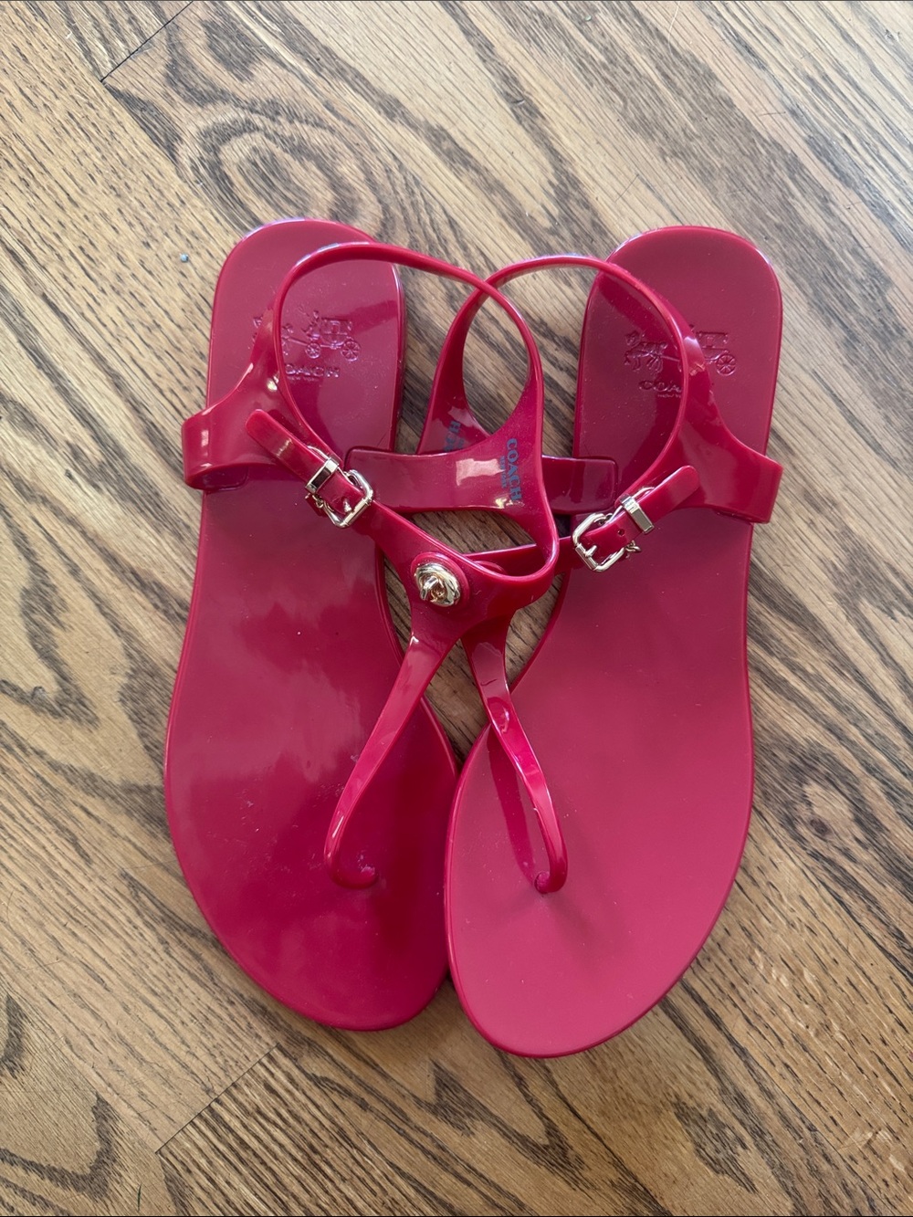 Coach Red Patent T-Strap Jelly Sandals